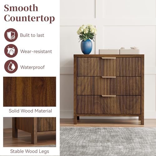 Image of Fluted Nightstand, 23.7'' Wide Night Stand with 3 Drawers, Mid-Century Modern Bedside Table with Handles, Wood End Table for Bedroom, Walnut