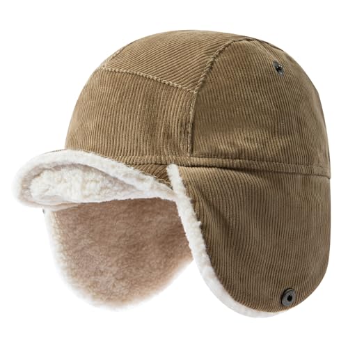 Gvatasz Winter Hat with Soft Brim Warm Earflaps Hat Hunting Trapper Hat for Men Ushanka Trucker Baseball Cap Eskimo Hat,Khaki