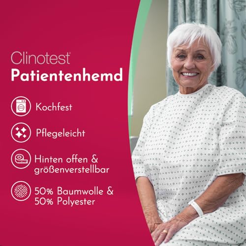 Clinotest Patientenhemd für Erwachsene - 95 Grad waschbares, kochfestes OP Hemd ohne Einlaufen, Unisex Pflegehemd hinten offen, Krankenhaushemd ideal für Kliniken & Pflegeeinrichtungen - 110cm lang