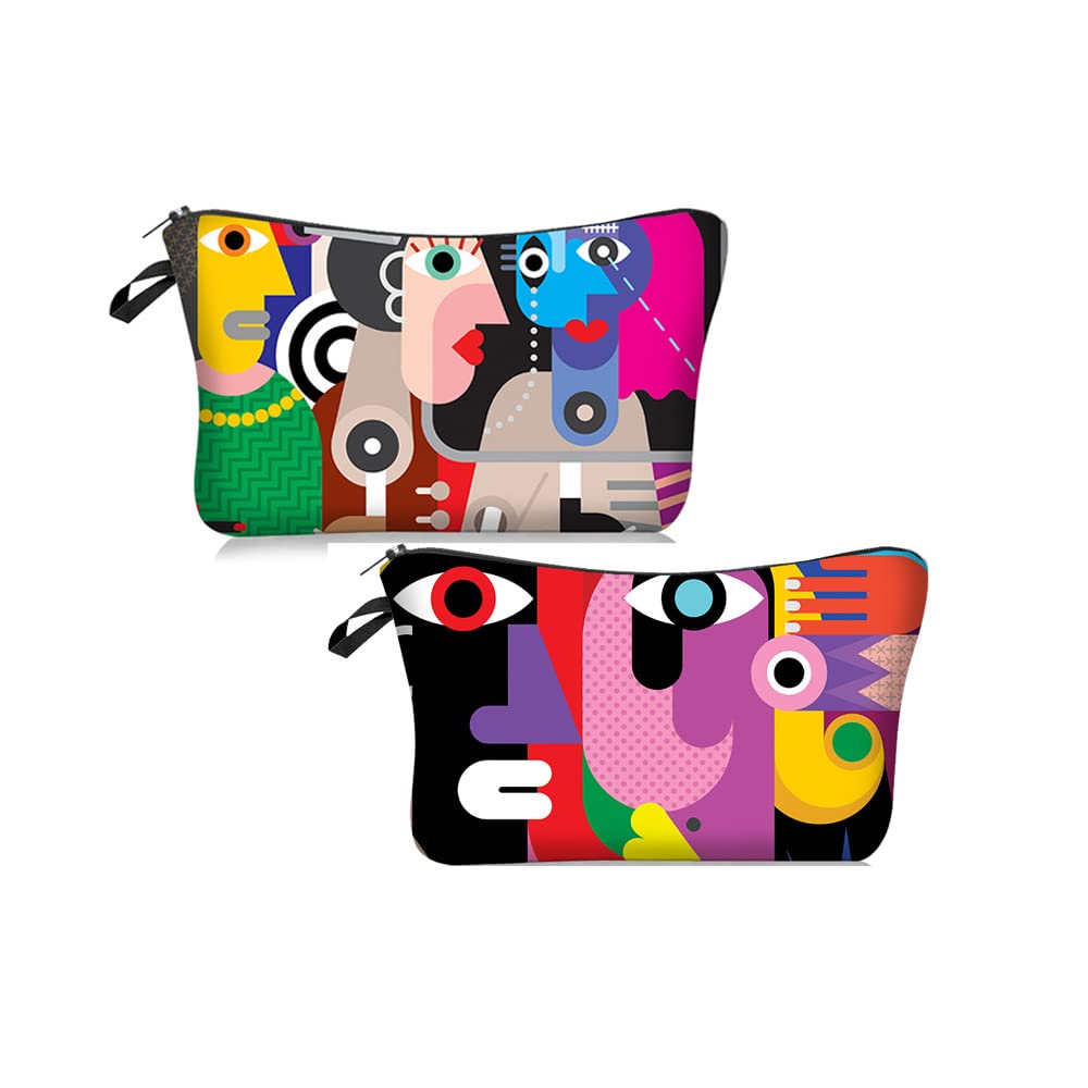 Evergoo 2 Pack Soft Makeup Bag for Purse, 3D Allover Printed Makeup Pouch with Zipper Cute Storage Washing Bag Small Pouch Gift for Women-Art