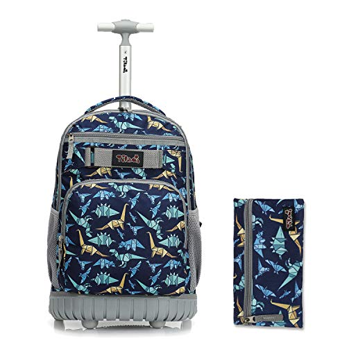 Tilami Rolling Backpack 18 inch with Pencil Case Wheeled Laptop Bag, Dinosaur