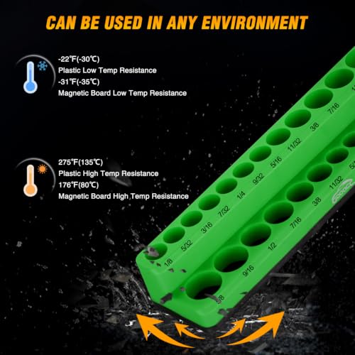 Image of GOOACC 3 PCS Magnetic Socket Organizer Set, Heavy Duty Socket Organizer Tray 1 /4 inch 3 /8 inch 1 /2 Inch SAE Impact Drive Sockets Holds 68, Magnetic Socket Holder for Tool Box Drawer Chest Garage Storage,Green