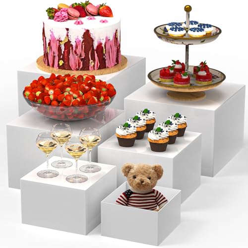 VANITURE 6 PCS Buffet Risers, Large Food Risers for Buffet Table, Display Stand Shelf for Party, Catering, Jewelry & Collectibles, White Acrylic Nesting Boxes for Food Display (10