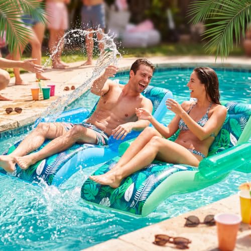 Image of Foilswirl 2 Pack Giant Inflatable Pool Floats for Adults,70 x 59 Inch Heavy Duty Pool Rafts with Backrest and Armrests Oversized Floating Lounge Chairs for Beach Lake River Summer Parties (Blue Green)