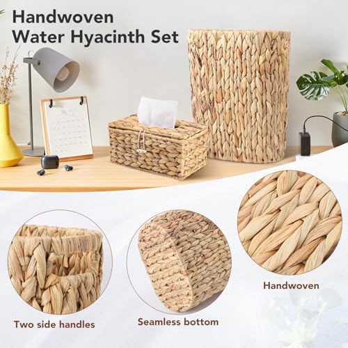 Image of Wicker Trash Can and Rectangle Tissue Box Cover, 4 Gallon Water Hyacinth Bathroom Trash Can, Handwoven Napkin Holder, Narrow Small Waste Basket, Rustic Decorative Home Set for Bedroom,Bathroom,Office