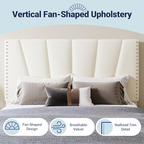 Image of Allewie Full Size Velvet Platform Bed Frame with Adjustable Headboard Cream | Height-Adjustable Velvet Headboard, Rivet-Style Nailhead Trim, Wooden Slat Support, No Box Spring Needed, Easy Assembly