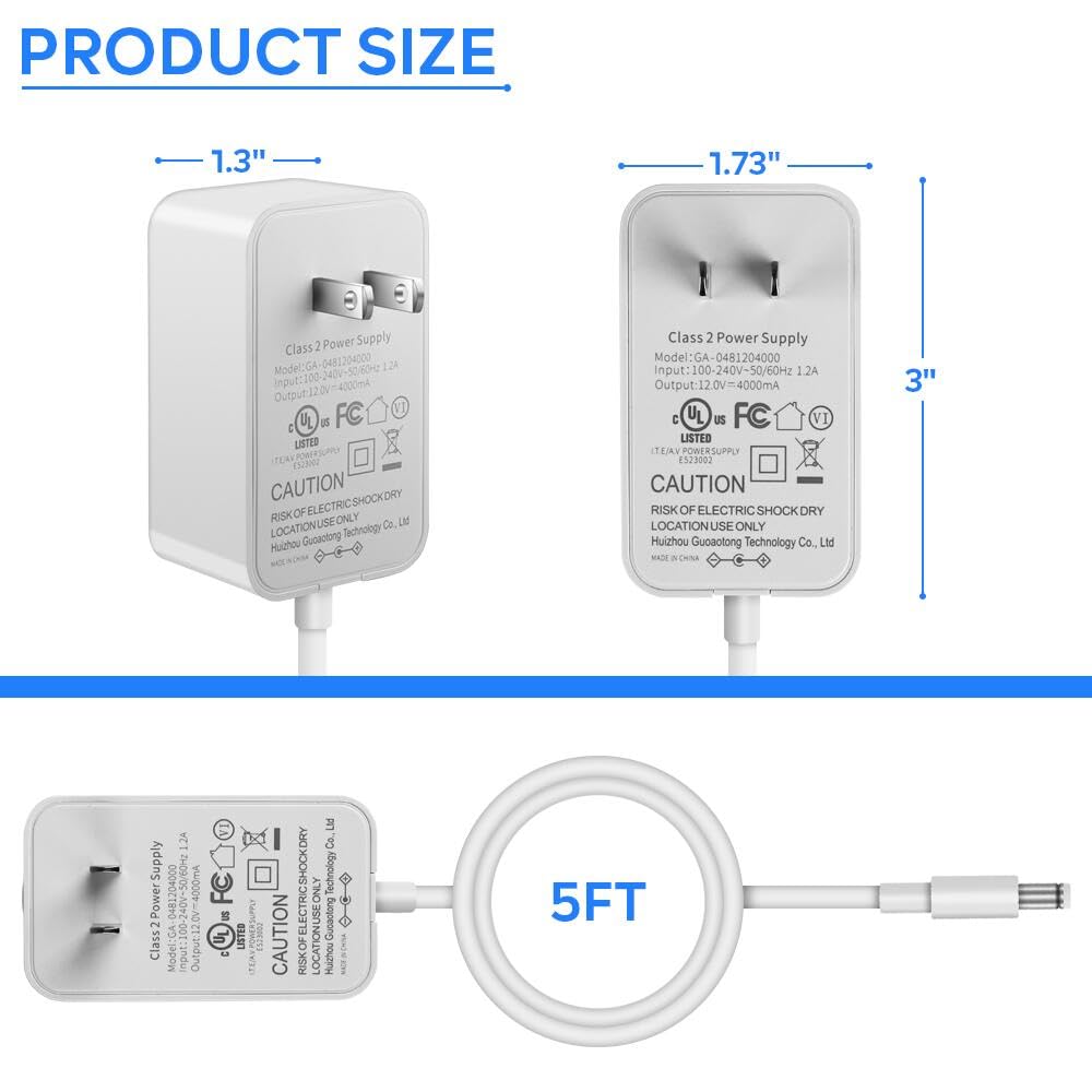 Alimentatore 12V 4A – C 100-240V 50/60Hz a DC 12 Volt 4Amp 48W Adattatore di alimentazione con cavo di alimentazione da 5,5 x 2,1 mm e jack 5,5 x 2,5 mm per elettronica domestica (bianco