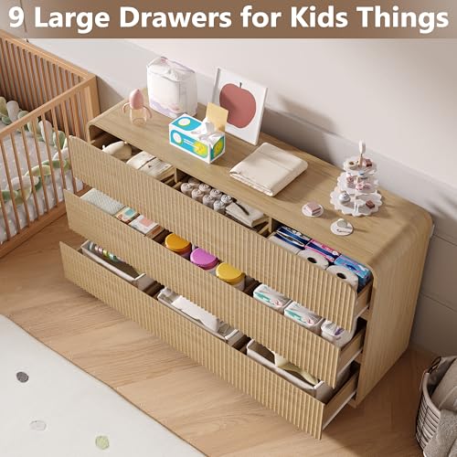 Image of BORNOON Dresser for Bedroom with 9 Drawers, Fluted Chest of Drawers with Round Curved Corner, Hidden Handles, Modern Wood Storage Organizer for Bedroom, Nursery, Living Room