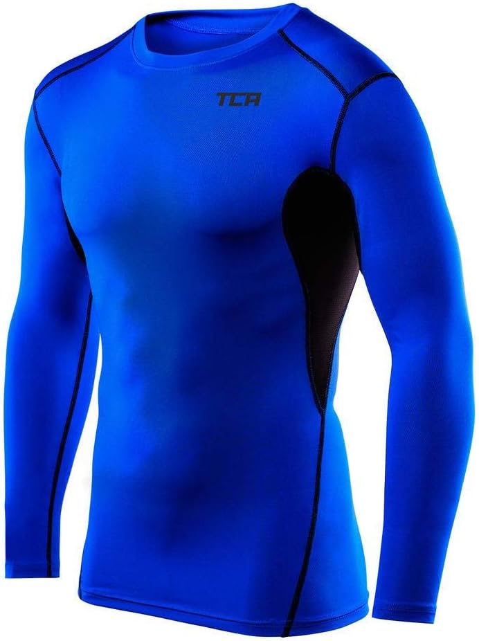 TCA Boys' HyperFusion Compression Base Layer Top Long Sleeve Under Shirt - Crew Neck - Royal Blue/Black, 6-8 Years
