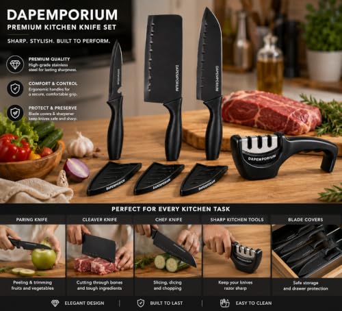 Image of 3 Kitchen Knife Set with Sharpener and Covers (3+1) Stainless Steel Black Coated Blade ABS Handle Anti-Rust Knives & Sharpener Combo for Home & Restaurant Use | Best Kitchen Knife Set