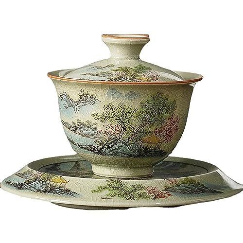 LingXuanGe Gaiwan Tea Cup gaiwan Tea Pot Chinese Tea Cups Chinese Landscape Painting Ceramic Gaiwan Tea Set Sancai Tea Bowl