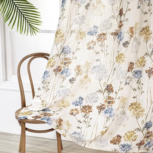 Image of MYSKY HOME Floral Linen Curtains 84 inch Length 2 Panels Set Summer Flower Patterned Semi Sheer Light Filtering Privacy Farmhouse Grommet Drapes for Living /Dining Room, Yellow, W52 x L84, Pack-2