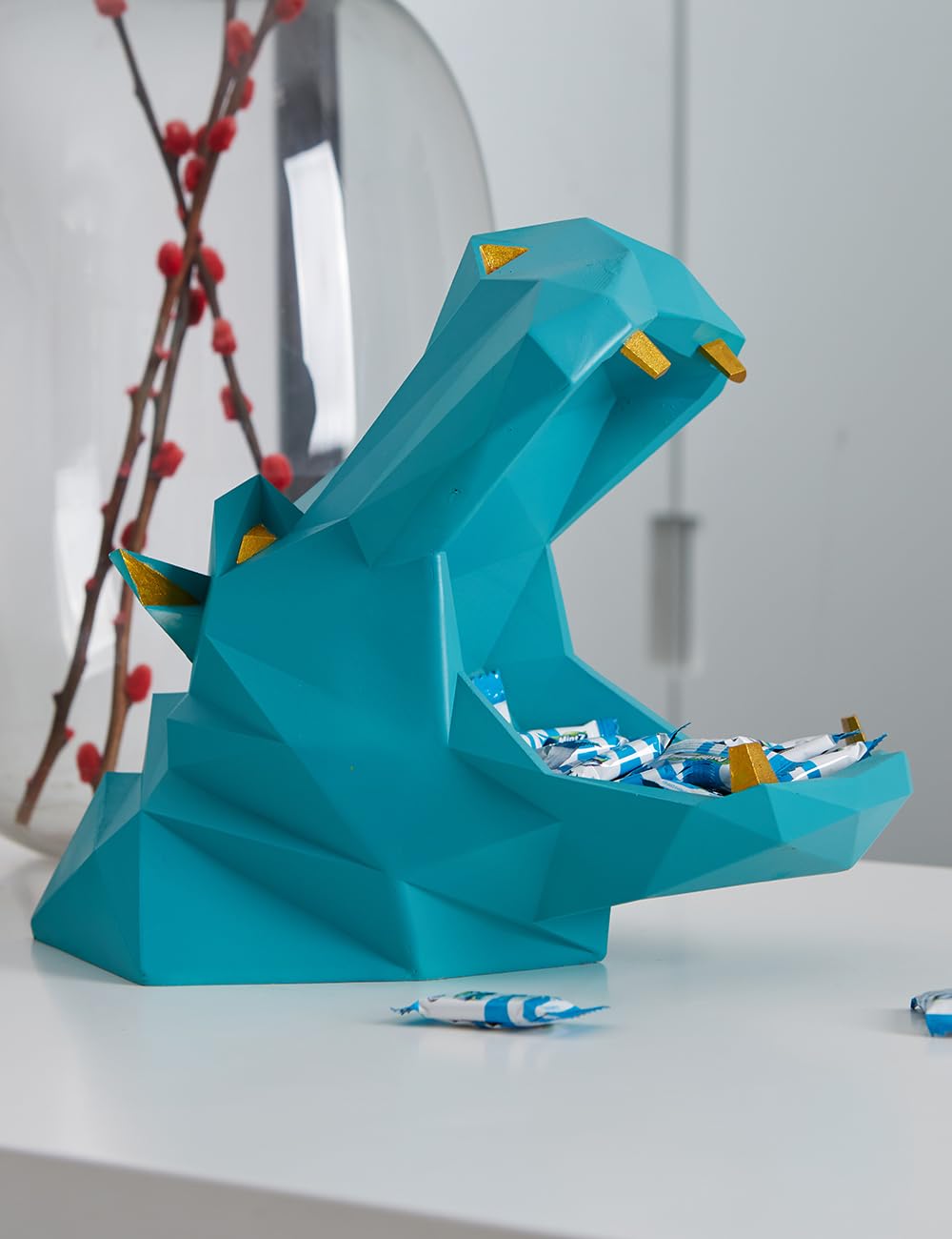 HAUCOZE Cuenco de Dulces Hipopótamo Jarra de Galletas Escultura Decorativa Moderna Arte Hogar Regalo para Salón Comedor Oficina Azul 20cm