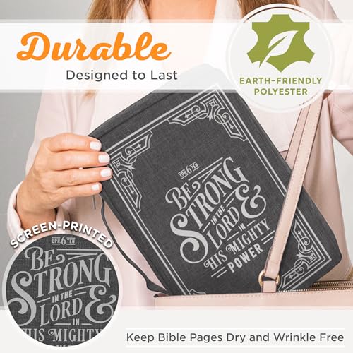 Image of Christian Art Gifts Men /Women's Bible Cover Strong in The Lord Ephesians 6:10, Gray Canvas, Medium