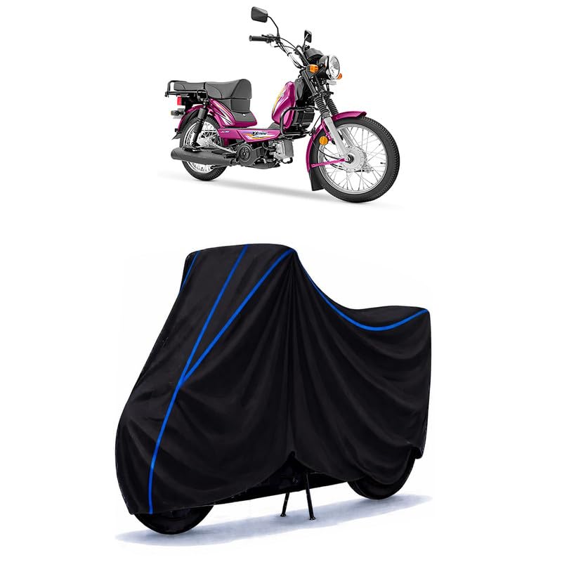 Image of TVS Heavy Duty Bike Cover Water Resistant Universal Motorcycle Rain | Heavy Duty UV Protection, Dust, Scratch Indoor Outdoor All Weather with Black Blue Piping Elastic