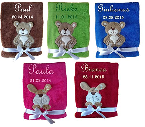 Babydecke Teddy / Hund mit Namen und Datum bestickt Kinderdecke Decke