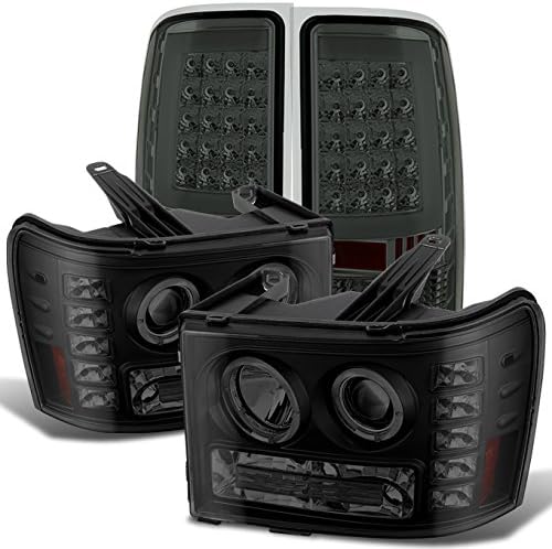 AKKON - For GMC Sierra [Dual LED Ring] Black Smoked Headlight + [C-SHAPE LED] Tail Brake Lights Lamp Set