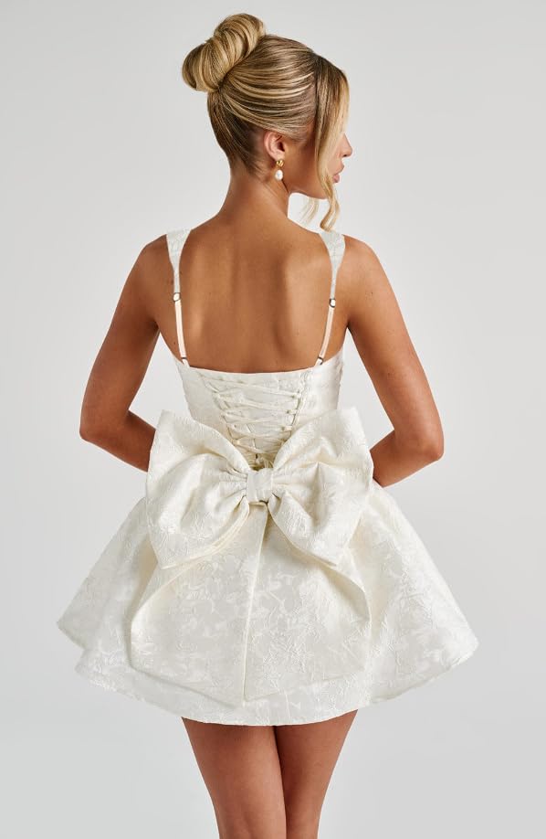 Jacquard Satin Homecoming Dresses 2025 with Bow A-line Spaghetti Straps Formal Evening Gown4