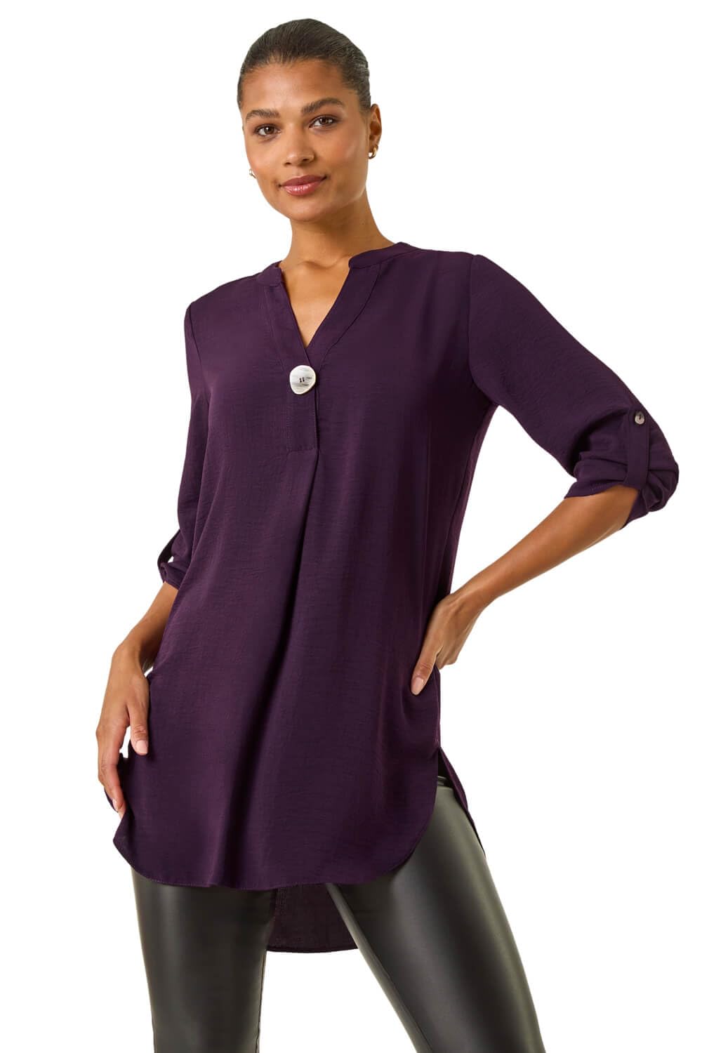 Roman Originals Women's Dark Purple Shirt For Uk Longline Top Collarless Blouse Smart Tunic Casual Evening Relaxed Fit 3/4 Length Sleeve Notch V Neck Long - Size 10