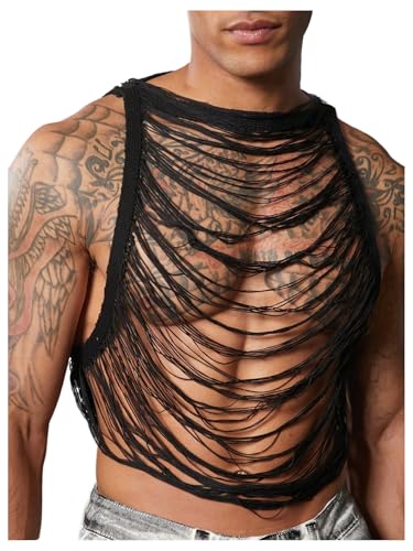 OYOANGLE Men's Hollow Out Ripped Sweater Vest Sleeveless See Through Crop Tank Tops Party Clubwear
