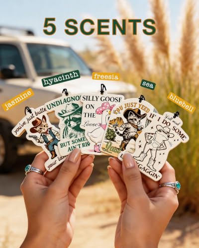 Image of Car Air Freshener 5-Pack, Funny Western Animal Hanging Car Scents | 5 funny Western animal designs with jasmine, hyacinth, freesia, sea and bluebell scents for rearview mirrors