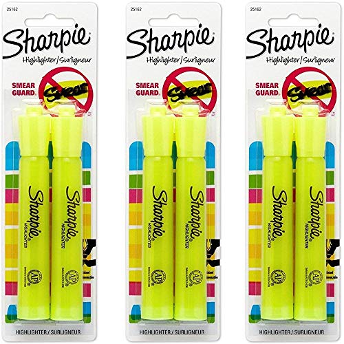 Sharpie 25162PP Accent Tank-Style Highlighter, Fluorescent Yellow, 3 Blister Packs of 2 Highlighters Each for a Total of 6 Highlighters; Large Ink Supply, Chisel Tip, SmearGuard Ink Technology