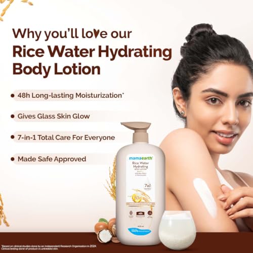 Image of Mamaearth Rice Water Hydrating Body Lotion with Rice Water & Niacinamide for Dewy Glass Skin 600ml | 48H Moisturization | Nourishes Skin | 7in1 Total Care | 100% Natural Butter | Non Greasy Smooth