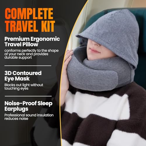 Image of LOEXAIR Hooded Pro Travel Pillow - Memory Foam Neck Support Pillow for Airplane, Flight - Super-Soft Pure Cotton Fabric, Maximum Privacy & Light-Block Design, Lightweight Full Travel Kit - Light Grey