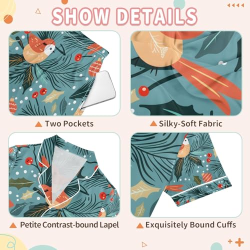 senya Birds and Trees A Satin Summer Pajama Sets Silk Short Sleeve Button Down Sleepwear3