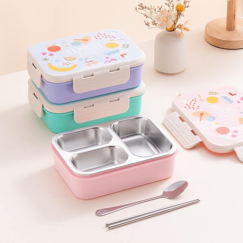 Image of Stainless Steel Lunch Box | 3-Compartment Bento Box, Leak-Proof, BPA-Free, Eco-Friendly Meal Prep Container for Adults, Kids, School, Work, & Travel | Durable & Portable Tiffin Box (Pink)