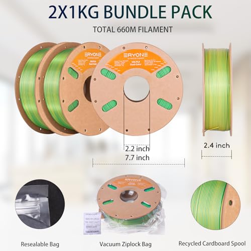 Image of ERYONE Silk Dual Color PLA Filament 3D Printer 1.75mm + /- 0.03mm, Bicolor Filament Two Tone PLA Bundle 2KG Cardboard Spool, Yellow Green