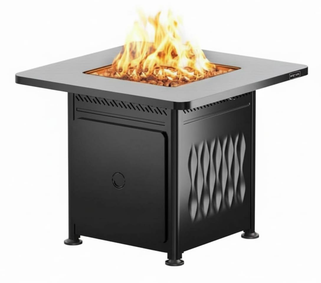 East Oak 32'' Propane Fire Pit Table, 50,000 BTU Steel Gas FirePit for Outdoor, Outside Patio Deck and Garden, CSA Certified Fire Table with Magnetic Lid, Cover-Storage Basket and Lava Rock, Black