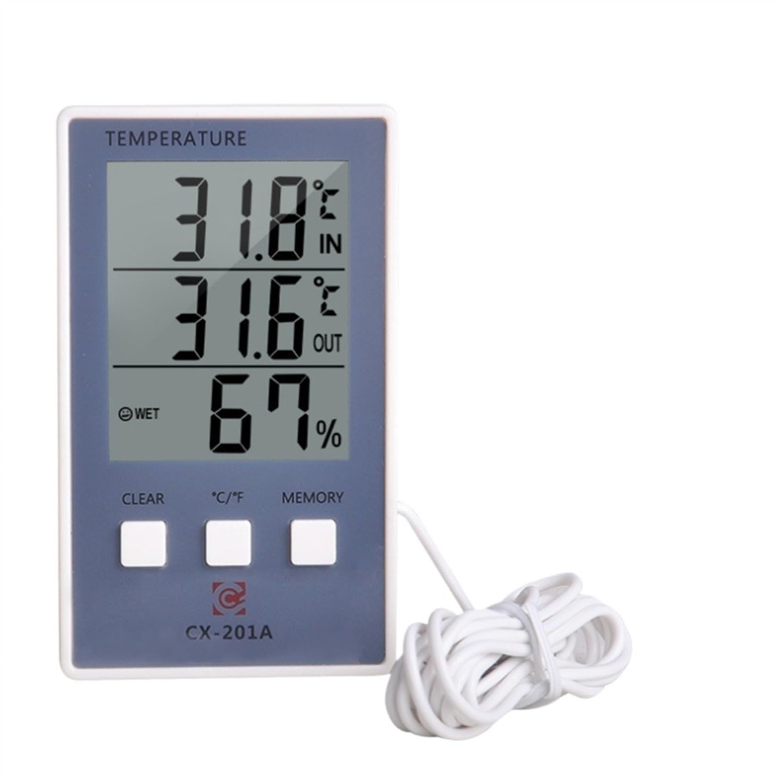 Digitales Thermometer/Hygrometer zur Messung von Temperatur und Luftfeuchtigkeit im Innen- Außenbereich. LCD-Display, Sensor Sonde