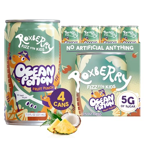 Roxberry Low Sugar Soda for Kids – Fruit Punch, 5g Sugar, No Artificial Flavors, Colors, or Sweeteners – Plant-Powered Sparkling Juice, Hydrating, 7.5oz (4 Pack)