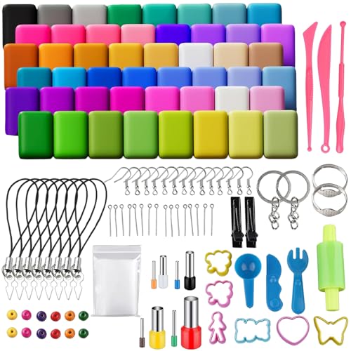 Kit de fabrication de bijoux en pâte polymère 48 couleurs – Kit complet pour créer des bijoux, figurines, accessoires, avec outils, pendentifs, perles et...