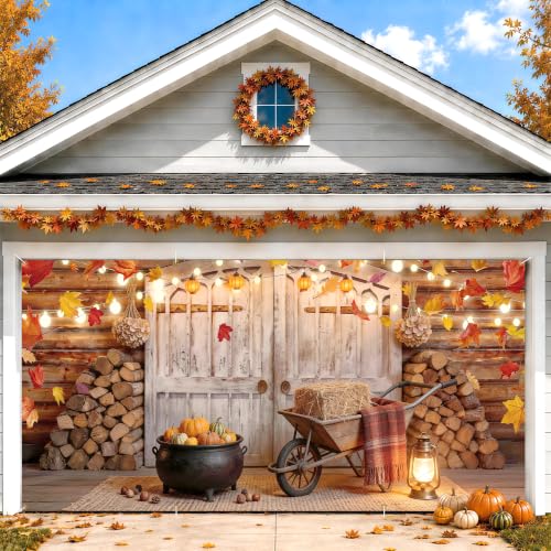 Wdesyadms Fall Garage Door Banner 6 x 13 FT Harvest Farmhouse Door Cover Autumn Pumpkin Decor Rustic Thanksgiving Outdoor Decoration with Lantern Leaves Wheelbarrow and Cozy Seasonal Display