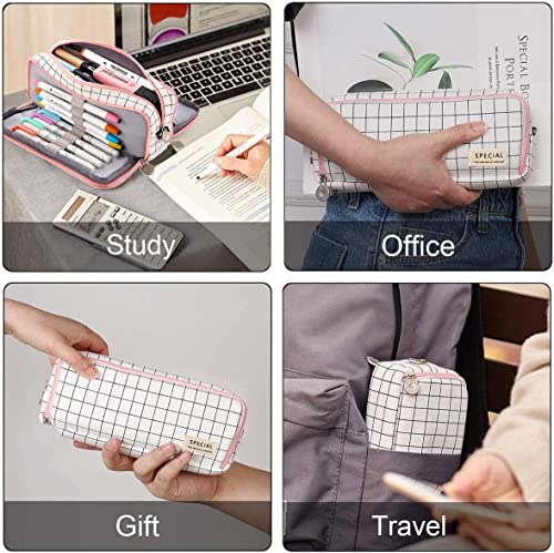 Image of Canvas Large Capacity Pencil Box For Girls&Boys,3 Compartments Pen&Pencil Pouches,Aesthetic Stationery Pouch For School Kids College Students,Cute Stationary Gift For Children (Plaide White)