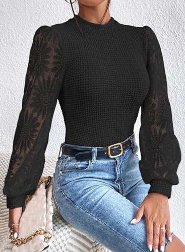 Image of BLENCOT Womens Casual Crochet Top Mesh Lace Long Sleeve Shirts Waffle Knit Blouse Crewneck Shirt Fall Womens Tops Pullover