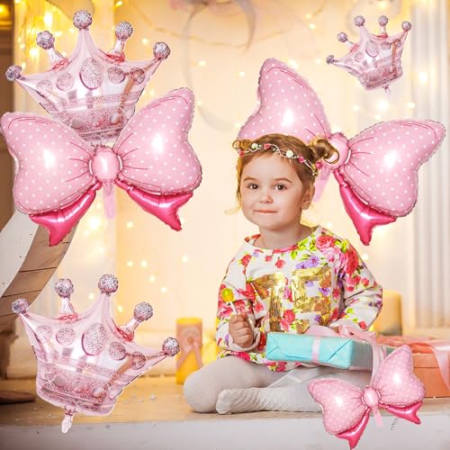 Image of 10pcs Rose Gold Crown Balloons And Light Pink Bow Balloon, Light Pink Bows Balloons, Large Rose Gold Crown Foil Balloon With Two Sizes For Birthday Baby Shower Theme Party Wedding Decor