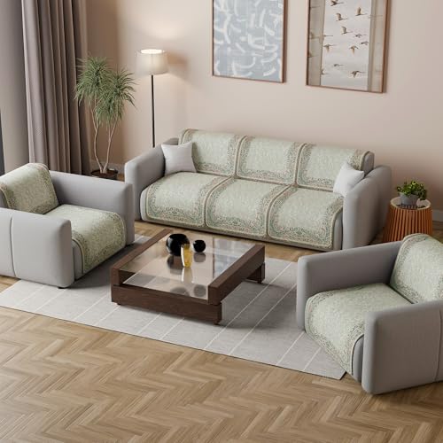Image of Kuber Industries 5 Seater Sofa Cover | Velvet Slipcover for Living Room | Thick & Cozy | Non-Slip Comfort Sofa Cover Set | Digital Painting Juliet 1186 - Beige & Green