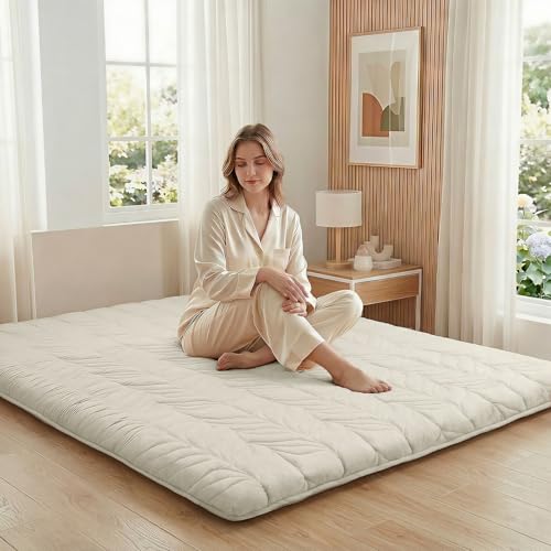 Image of ZonLi Japanese Floor Mattress Futon Mattress Queen Size, Thicken Roll Up Tatami Mat 100% Cotton Washable Cover, Portable & Foldable Floor Bed Mattress for Sleeping, Dormitory, Adult, Khaki