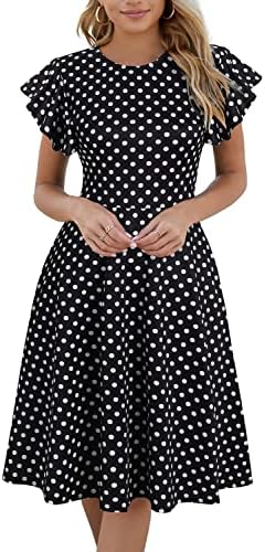 Knee Length Dress for Women Elegant Vintage Ruffle Sleeves V-Back Casual A-Line Cocktail Party Fit and Flare Dress with Pockets 842 Black Dot M