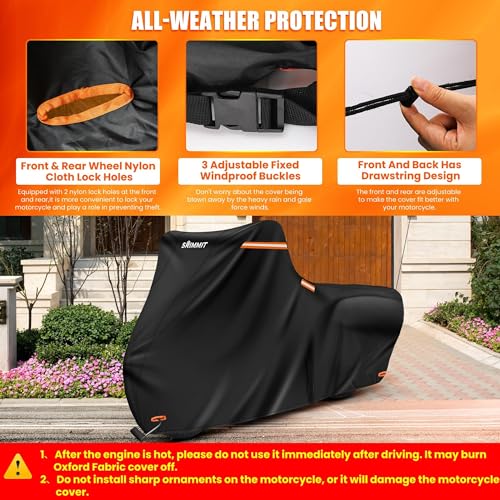 Image of Touring Motorcycle Cover with Side+Top Box,420D Waterproof Motorbike Cover, 5 Reflective Strips,Air Vents,3 Windproof Buckles,Antenna Zipper, Outdoor Protection(118 inch x 44 inch x 56 inch Black & Orange)