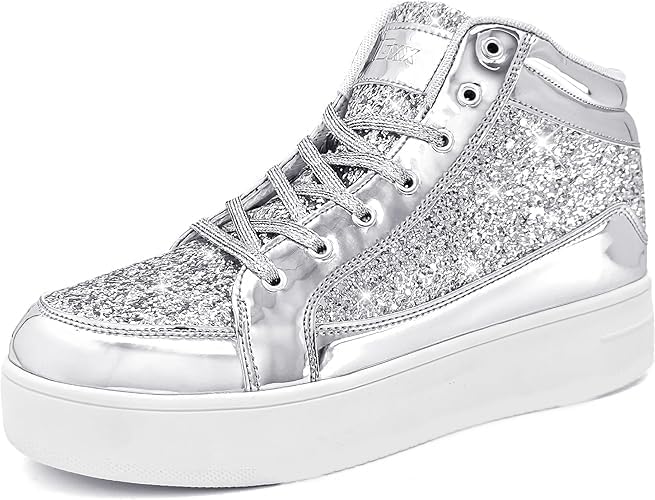 IGxx Womens Platform Glitter Shoes Black High Top Sparkly Sneakers Shiny Fashion Bling Dressy Sequin Metallic Sneakers Disco Wedding Shoes