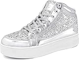 IGxx Womens Platform Glitter Shoes Black High Top Sparkly Sneakers Shiny Fashion Bling Dressy Sequin Metallic Sneakers Disco Wedding Shoes Silver Women Size 7.5