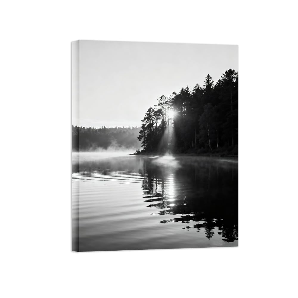 Black White Landscape Wall Art. Forest Lake 2. Picture 70x90cm Unframed