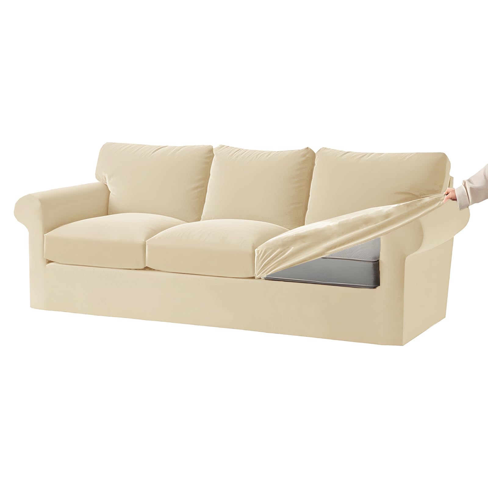 KYJSW Stretch Ektorp Sofa Cover with Separate Seat Cushions and Backrests Covers Velvet Sofa Slipcovers with Elastic Band 1 2 3 4 Seater Set (Beige,Large 3 Seat Set 7 PCS)