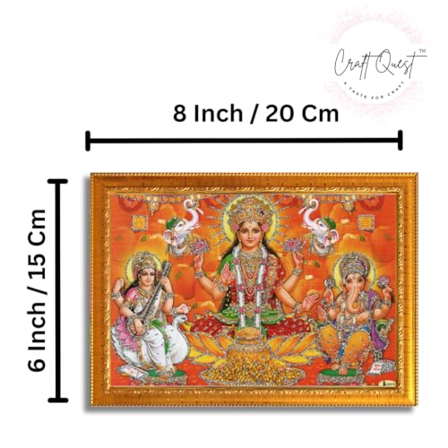 Image of CRAFT QUEST Lakshmi Devi with ganesh ji and saraswati mata Wall Painting Photo Frame for Diwali Pujan (Synthetic, Golden, Sparkle Finish, Small Size, 8 X 6 Inch)