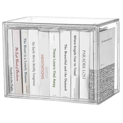 Fox Claw ​​​​​​Clear Acrylic Bookcase, Book Organizer Box, Portable Book Containers with Magnetic Door, Stackable Display Case for Purses Handbags Dolls Toys Shoes(Clear, 14.17' ×10.63'×8.66')