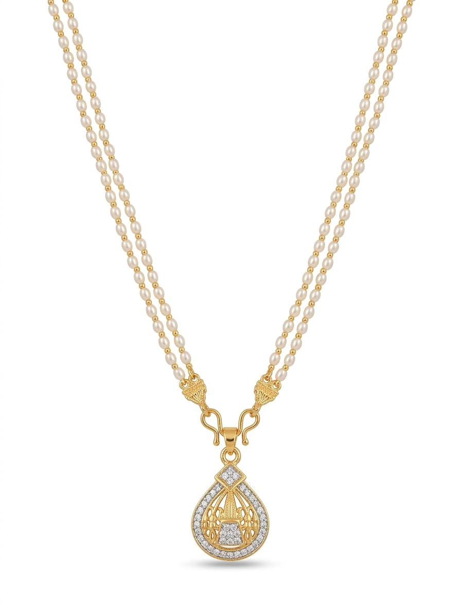 NKR GOLD Double Layer White Pearl Necklace for Women & Girls with Gold Plated Designer Pendant, 24 Inch Pearl Mala Chain, Bridal Wedding Traditional Jewellery, Pearl Necklace Gift